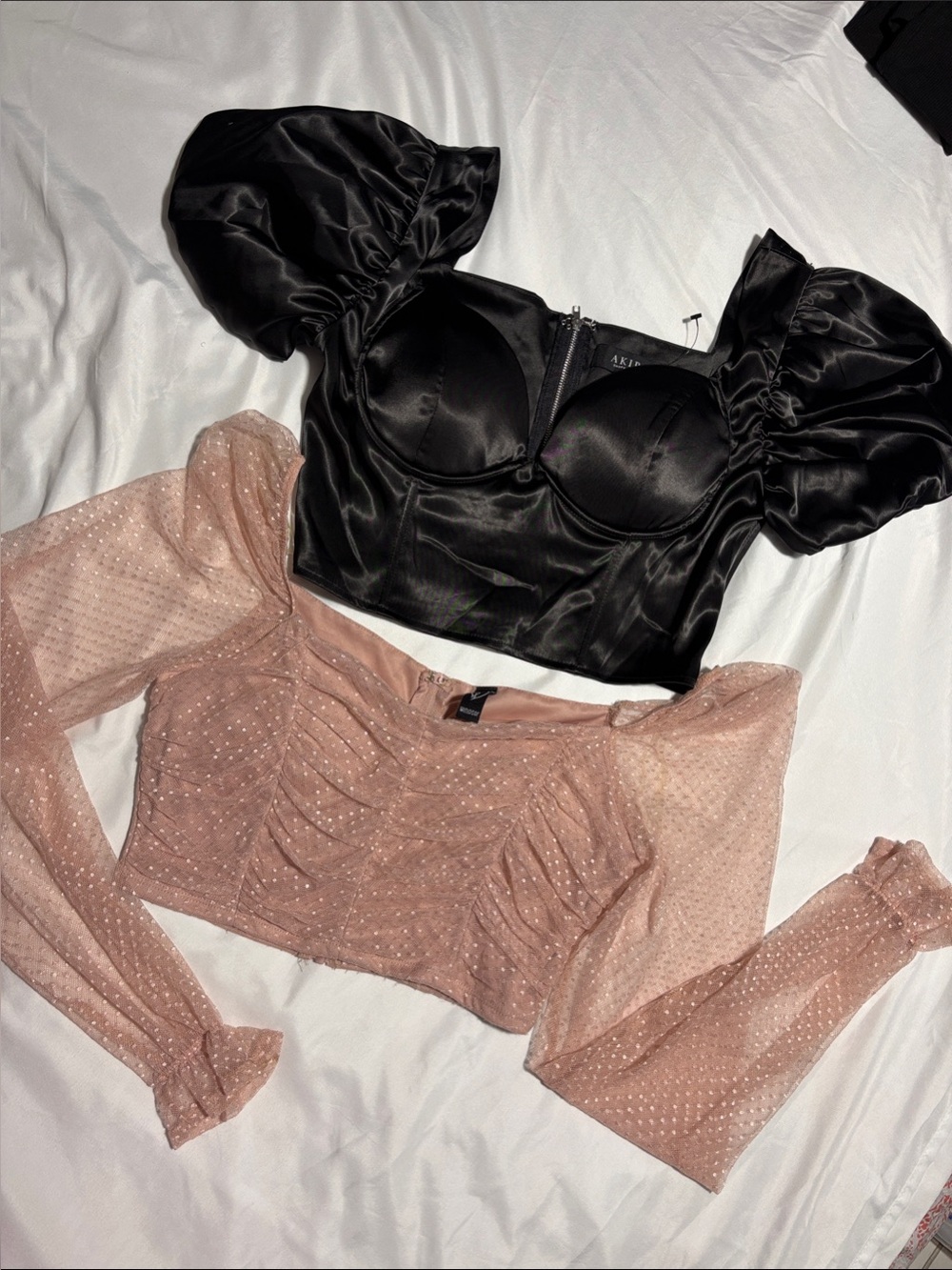 Black Satin Puff-Sleeve corset style and Blush Pink Crop Top by Unknown